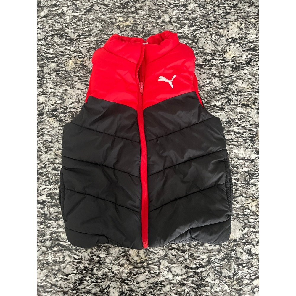 Puma Kids Puffer Vest Red Black Colorblock Quilted‎ Zip Up Size XS 5/6